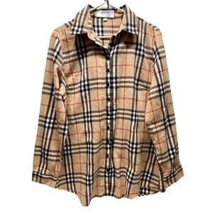 HAUTE Edition Button Down Shirt Women's Large Beige Plaid Casual Long Sleeve GUC